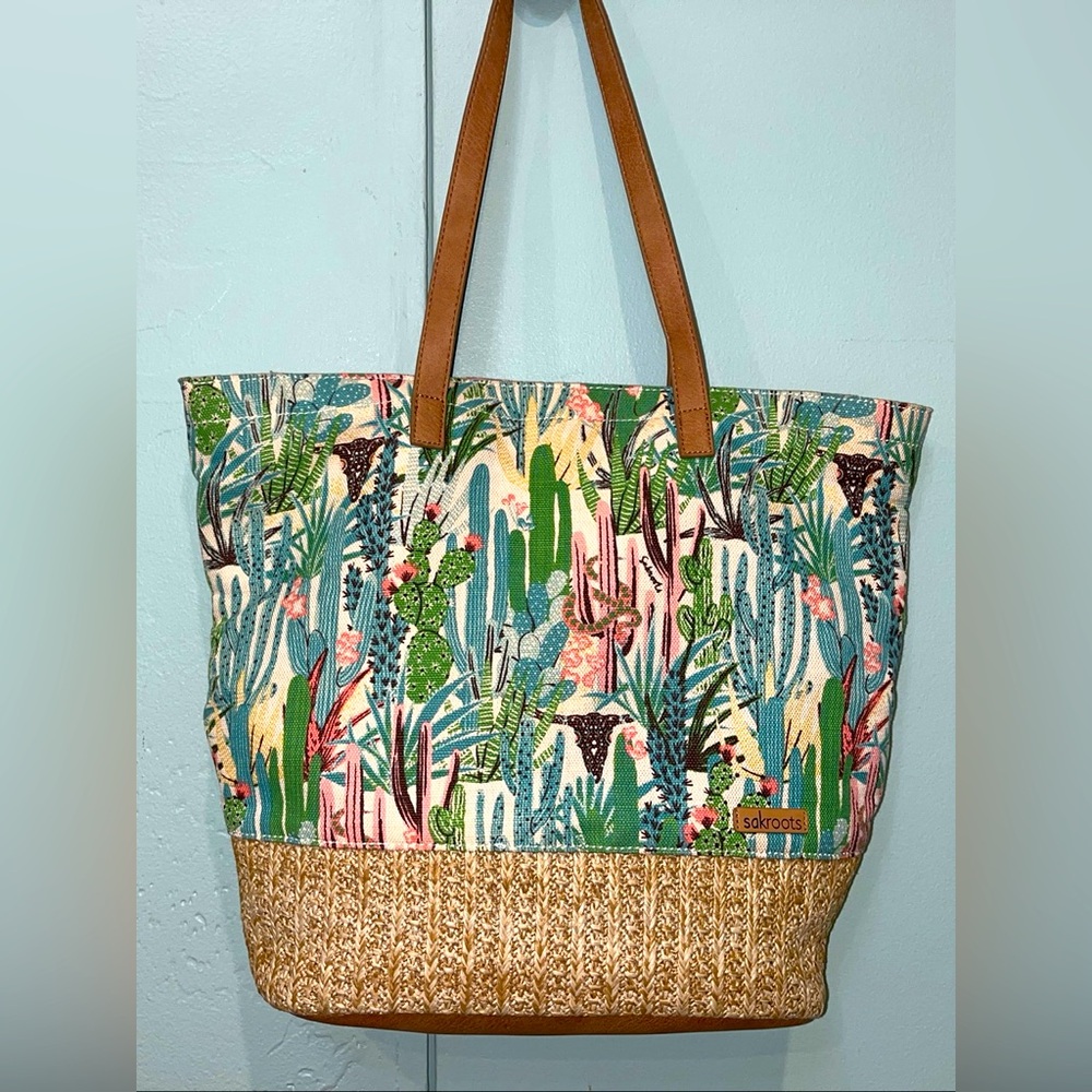 Sakroots Multicolor Cactus Print Canvas Tote with Tan Straps